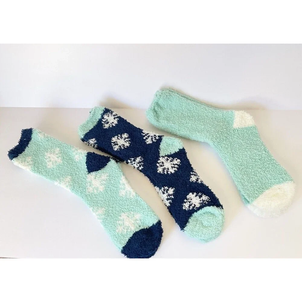 3 Pairs Women’s Fuzzy Cozy Slipper Socks Winter Warm Soft Plush Blue Size 9-11